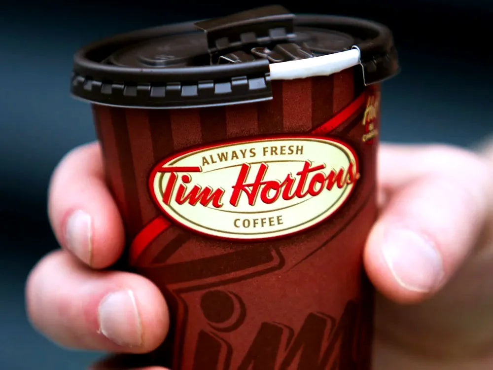 Brown Tim Hortons coffee cup held in a hand