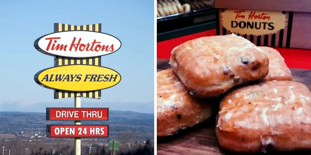 Old Tim Hortons sign beside a pile of Dutchie donuts
