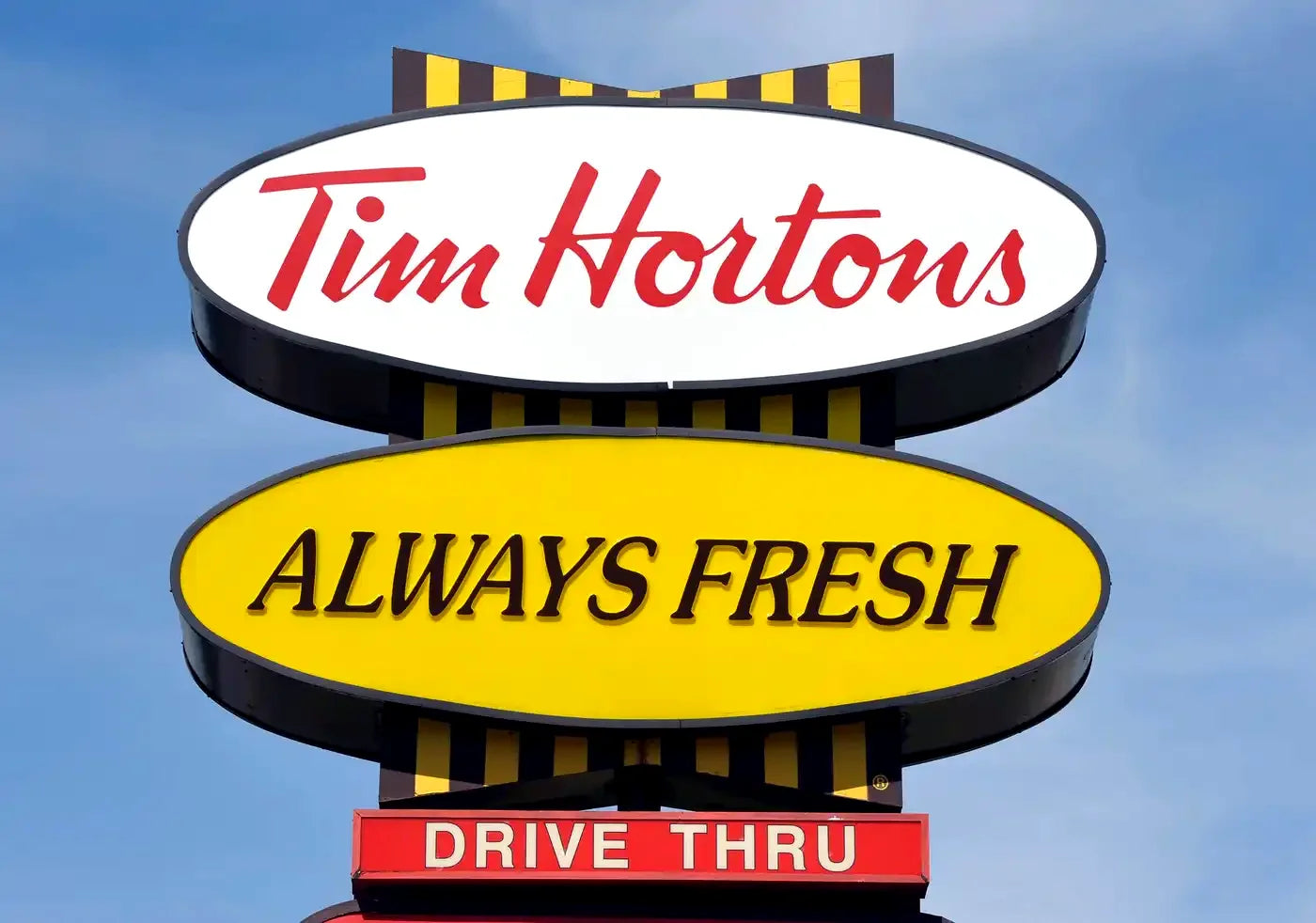 Old Tim Hortons roadside sign with Always Fresh and Drive Thru panels