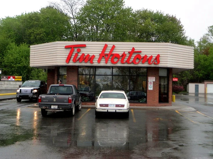 Older Tim Hortons storefront on a rainy day