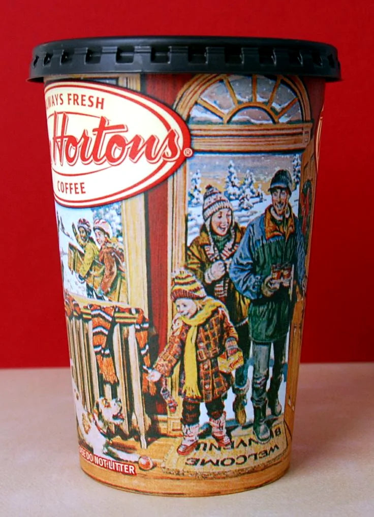 Older Tim Hortons illustrated winter scene coffee cup